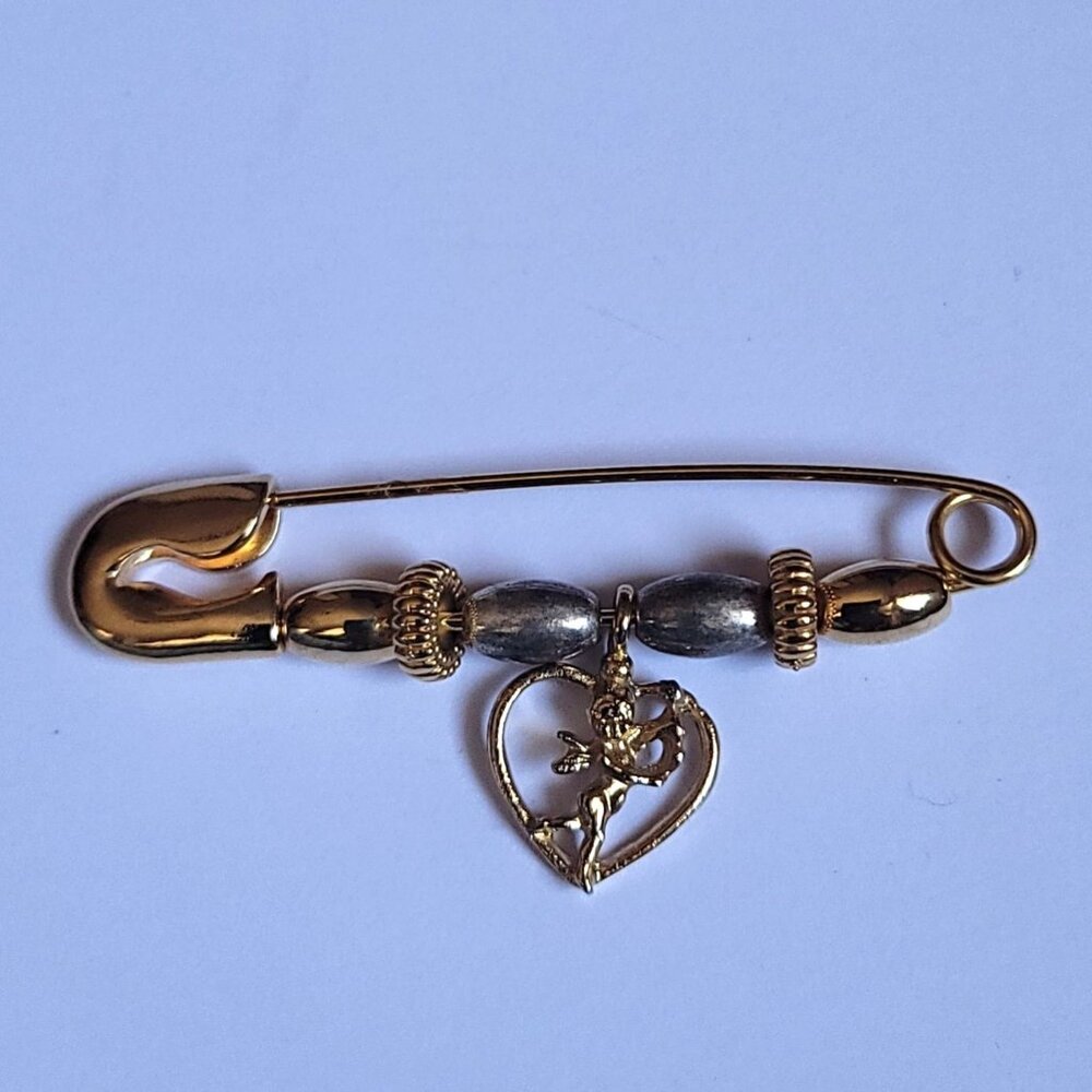 Vintage Beaded Heart Cupid Safety Pin Brooch
